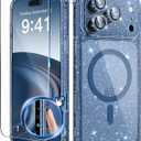 BERFY for iPhone 17 Pro Case for Women, Compatible with MagSafe, Clear Glitter Shockproof Protective Case, Anti-Yellowing, with Screen Protector & 3 Diamond Camera Lens Covers 6.3", Sparkle Blue