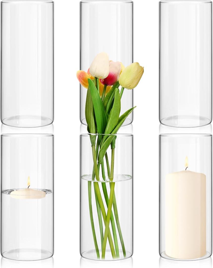 6 Pack Glass Cylinder Vases 8 Inch Tall Clear Flower Vase Bulk Glass Vases Hurricane Floating Candle Holder for Table Centerpiece Party Wedding Home Decor (3.35" x 8"H)