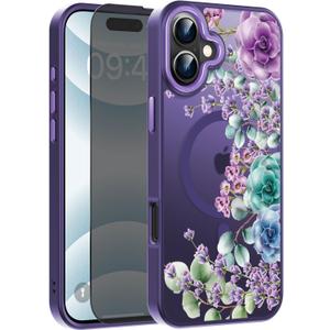 FUNMIKO for iPhone 16 Plus Case with Privacy Screen Protector, Wireless Charging Compatible, Shockproof Translucent Matte Cover - Cute Floral Design Phone Case for Women Girls - Colored Succulent