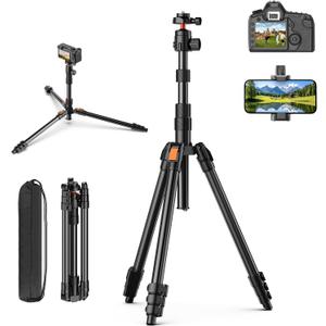 XXZU 71" Camera Tripod, Tripod for Camera Phone with 360Ball Head and Smartphone Holder, Aluminum DSLR Tripod Stand, Travel for Phone/DSLR/SLR/Projector/Video Recording, Max Load 8kg/17.64lb (Black-orange)