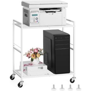 OYEAL Computer Tower Stand, PC Tower Stand Metal Rolling Cart Holds up to 40lbs, 2 Tier Mobile Printer Stand with Storage Under Desk for Home & Office, White