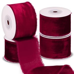 Preboun 4 Rolls Christmas Velvet Ribbon for Gift Wrapping 24 Yards Total Frayed Edge Velvet Silk Ribbon for Christmas Wedding Baby Shower DIY Crafts Decor(Burgundy,2 Inch)