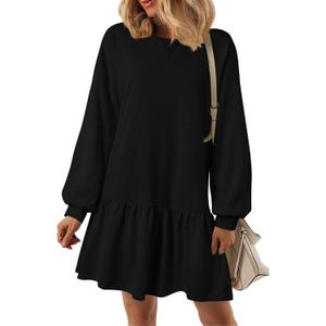 PRETTYGARDEN Womens Patchwork Sweatshirt Dress 2025 Fall Casual Long Sleeve Crewneck Pullover Cute Babydoll Mini Dresses (Black,Medium) (Black)