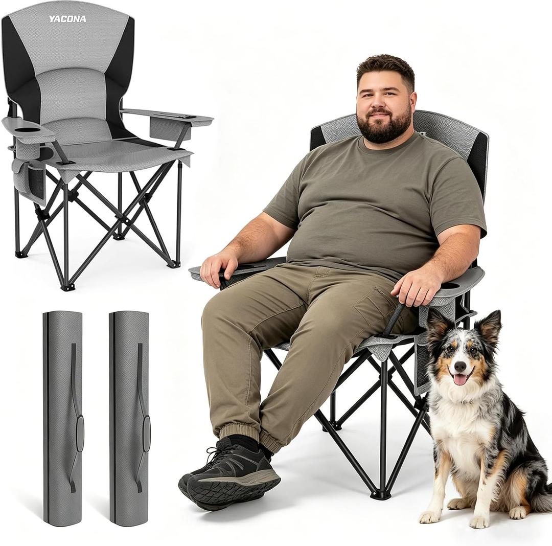 Oversized Camping Chairs 2 Pack - 450lbs Support Folding Camping Chair for Adults w/Padded Back & Arm Sport Chairs, Cup Holder Cooler Bag, Heavy Duty Portable Lawn Chairs for Sports Garden Beach, 2' 0.01" x 3' 3.9" x 3' 6.5"