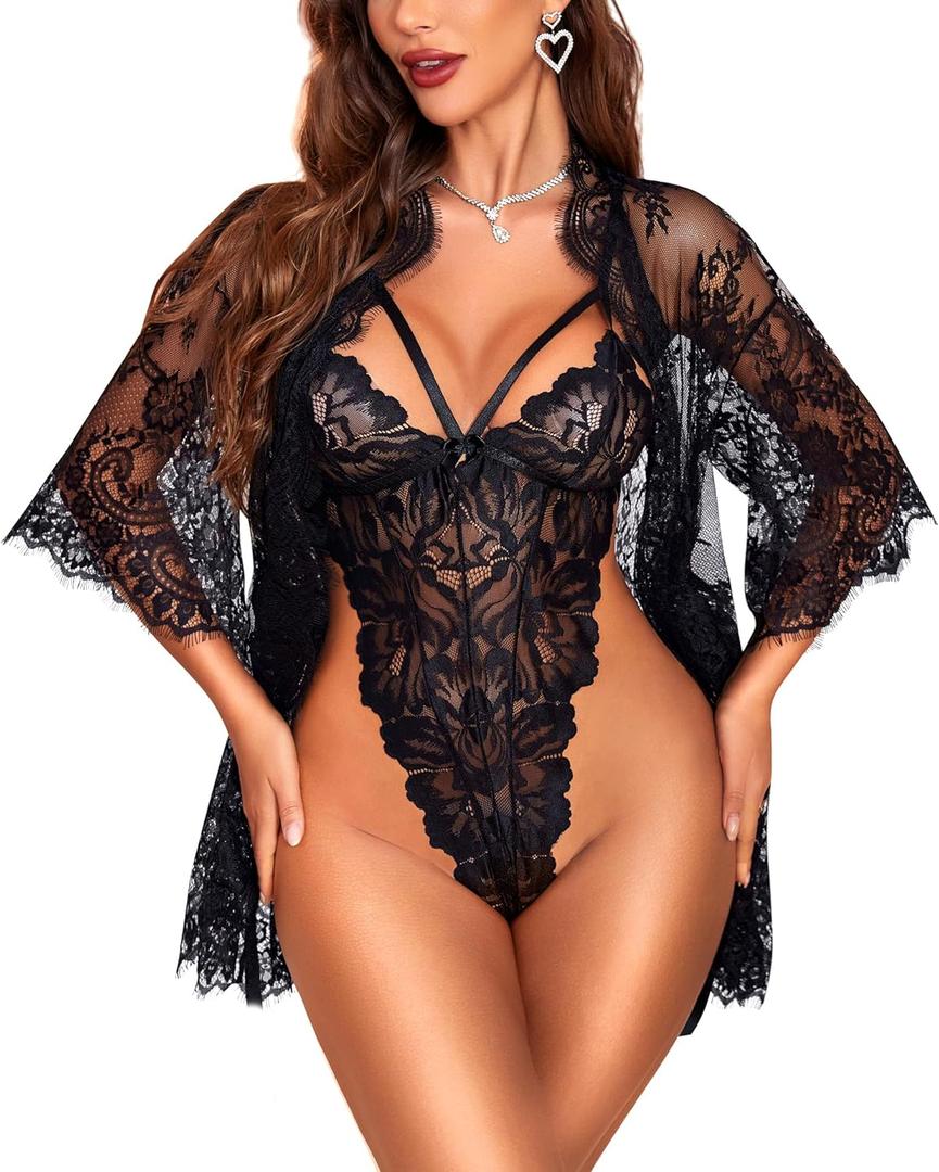 RSLOVE Sexy Womens Lingerie Set - 2 Piece Lace Kimono Robe with Lace Teddy Lingerie Bodysuit Sexy (Medium, Black)