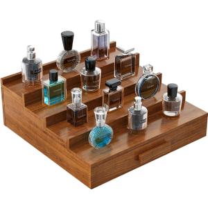 Cologne Organizer for Men,4 Tier Walnut Wood Cologne Stand,Cologne Shelf Display Holder with Hidden Storage and Drawer,Perfume Stand Organizer Great Gifts for Men