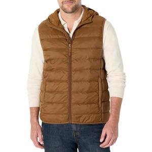 Amazon Essentials Men's Regular-Fit Lightweight Water-Resistant Hooded Puffer Vest (Brown, S)