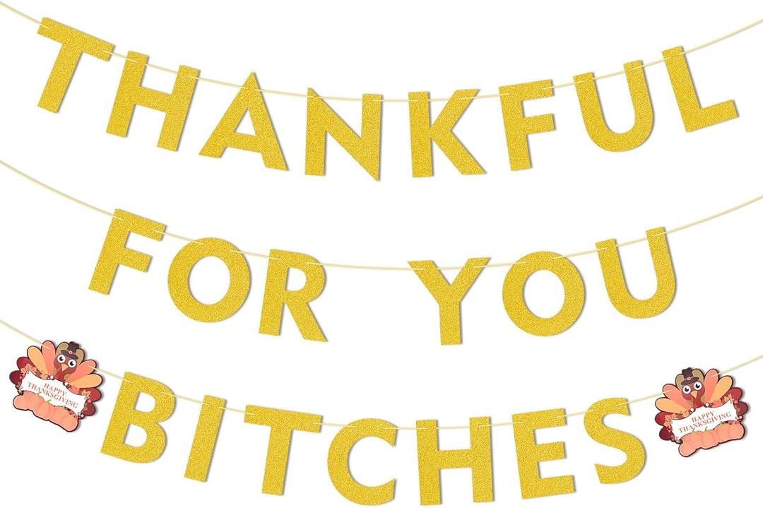 Friendsgiving Party Decorations Banner with Hanging Swirls, Gold Glitter Thankful Decorations Decor for Girl Home Office, Friends giving Banner, Thanksgiving Decorations for Mantel Fire Place