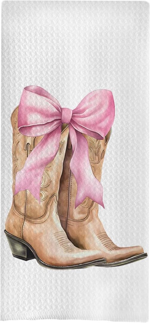 Coquette Western Kitchen Towels, Coquette Bow Western Cowgirl Boot Decorative Hand Towels for Bathroom, Coquette Bathroom Decor, Western Dish Towels, Western Kitchen Decor, 16x24 Inches