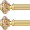 2 Pack Gold Curtain Rods for Windows 48 to 84 Inch, Decorative Vintage Crystal 1'' Diameter Curtain Rod with Gold Foil Finials, Adjustable Heavy Duty Easy Install Drapery Pole Set for Farmhouse