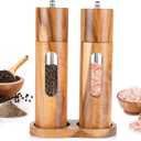 Acacia Wood Salt and Pepper Grinder Set with Base, Refillable Wooden Pepper & Salt Mill with Adjustable Ceramic Grinder for Kitchen & Dining (Style 2)