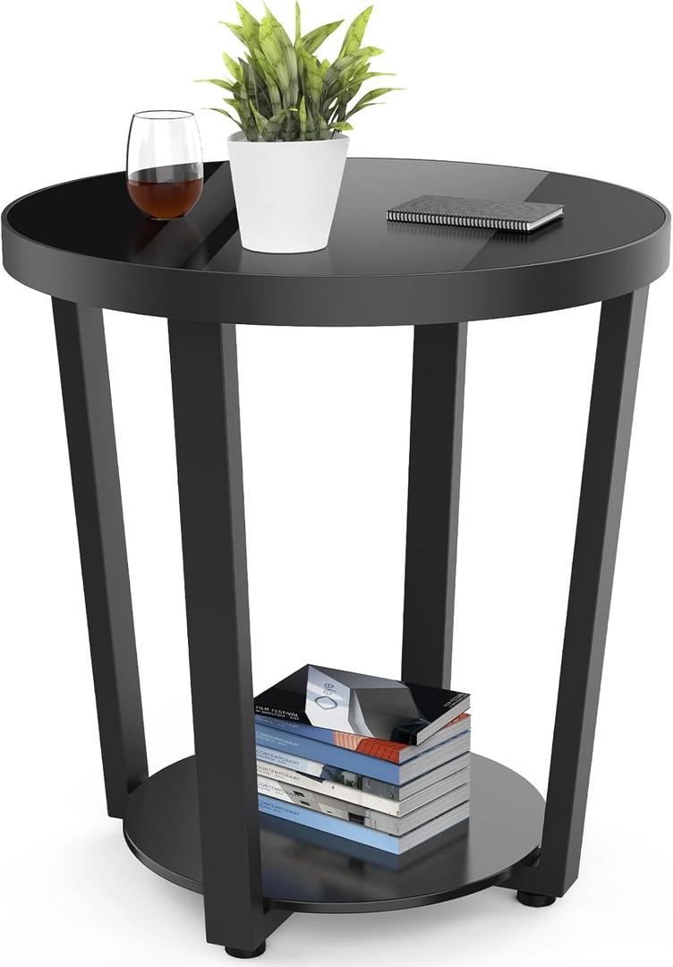 Round End Table, Tempered Glass End Table with Metal Frame, Small Coffee Table, Black Sofa Side Table for Living Room, Balcony, Bedroom, 19.7 in X 19.7 in X 22.4 in
