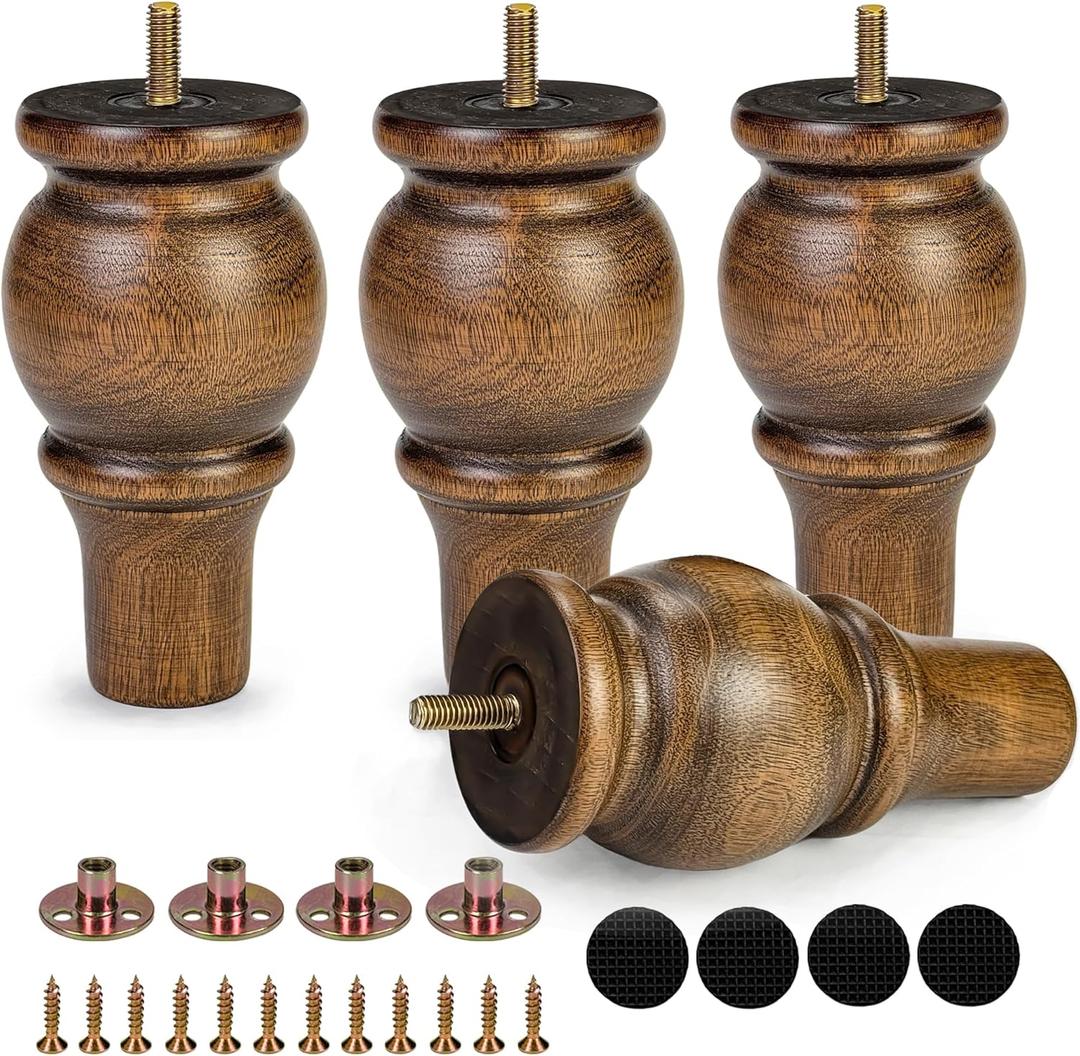 6 Inch Wooden Furniture Legs Set of 4 Sofa Replacement Brown Solid Wood Furniture Feet for Armchair Couch Cabinet Dresser Ottoman TV Stand Bed Legs with Mounting Plates Screws (6inch)