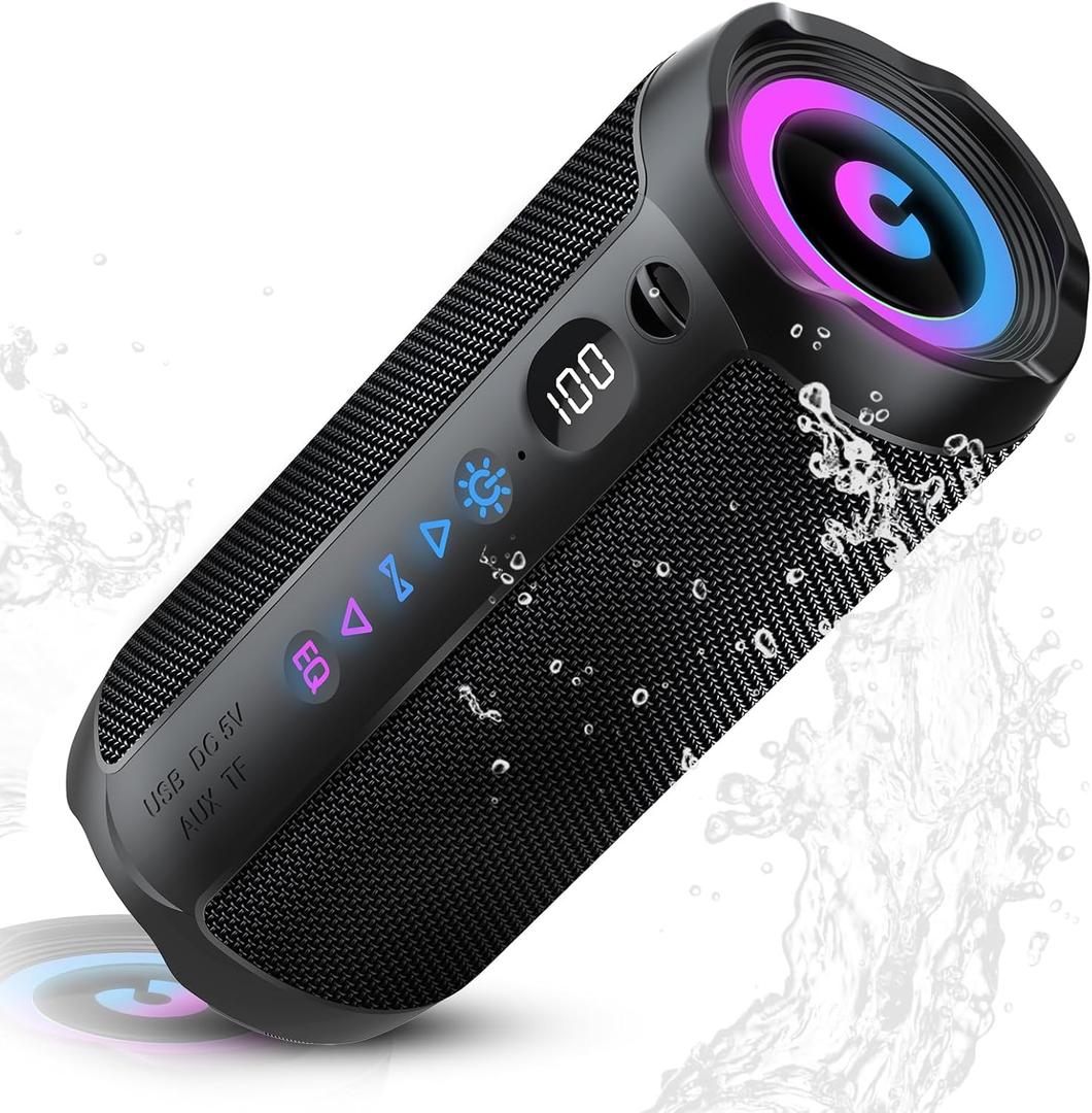 Portable Bluetooth Speaker, Bluetooth 5.4 Speaker, Dual Speaker with LED Display, Deep Bass,25H Playtime, Colorful RGB Lights,IPX7 Waterproof,TWS pairing for Outdoor/Home/Party/Travel,Gift Ideas