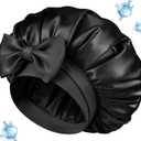 2 x Silk Bonnet for Sleeping Women Double Layer Hyaluronic Acid Satin Bonnet with Adjustable Tie Band Sleep Cap for Curly Hair (Black)