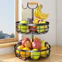 SAYZH 2-Tier Fruit Basket Bowl Vegetable Storage with 2 Banana Tree Hanger and Wood Lift Handle, Kitchen Countertop Metal Wire Basket for Bread Onions Potatoes (Black, 2 Tier)