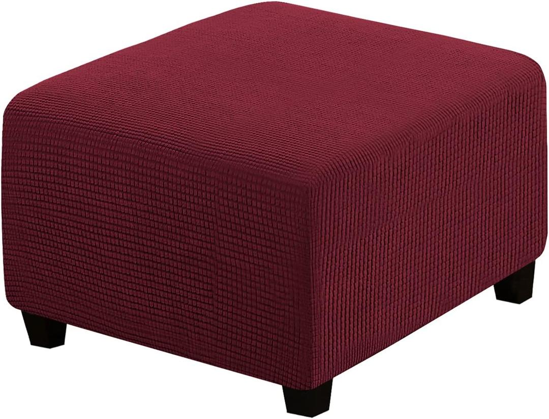 H.VERSAILTEX Square Ottoman Covers Ottoman Slipcovers Folding Storage Stool Furniture Protector Form Fit with Elastic Bottom, Stretch High Spandex Small Checks Jacquard Fabric(Medium,Burgundy Red)