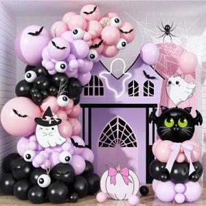 Halloween Balloon Garland Arch Kit, Light Pink Pastel Purple Black Spooky White Eyeball Latex Balloons with Scary 3D Bats Foil Balloon for Kid Halloween Party Decor Indoor Outdoor Backdrop Decorations