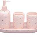 Bathroom Accessories Sets 4-Piece, Premium Pastel Heart Bathroom Accessory Complete Set - Toothbrush Holder, Lotion Soap Dispenser, Vanity Tray, Bathroom Tumbler for Countertop Vanity (Pink)