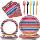 100PCS Mexican Serape Fiesta Plates and Napkins Party Supplies Mayo Day of The Dead Tableware Set Decor Favors for Mexico Taco Colorful Stripes Dia De Los Muertos Decor Serves 25