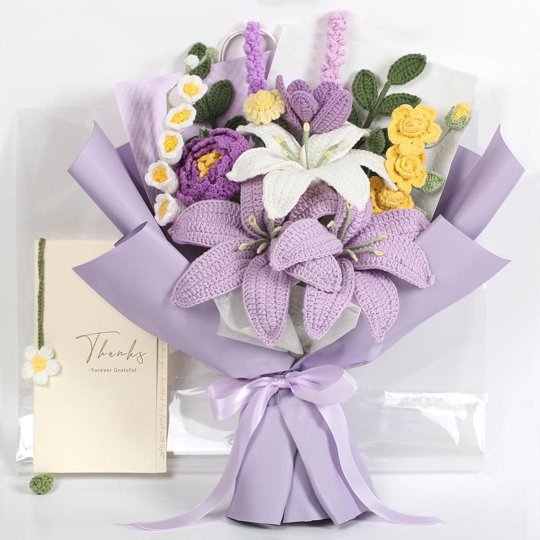 Crochet Flower Bouquet Premium Edition, Handmade Knitted Faux Crochet Flowers for Home Decor Valentines Day Anniversary Weddings Birthdays Mothers Day, Includes Gift Bag and Greeting Card (Lily)