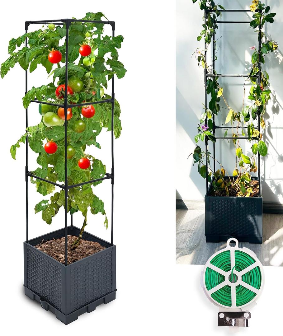 Raised Garden Bed Tomato Planter Box with Trellis, 44" Self-Watering Tomato Cage with Square Trellis for Climbing Plants, Flowers, Vegetables, Vine in Patio Garden Indoor Outdoor (3 tiers-44"-1 PACK)