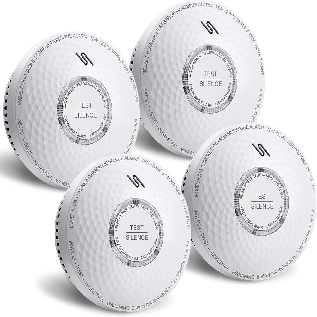 Ecoey 10-Year Smoke and Carbon Monoxide Detector, Dual Sensor Smoke CO Alarm with Built-in Battery and Silence Function, FJ183-A, 4 Packs