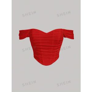 SheIn Women's Clothes Off-the-Shoulder Top Ruched Detail at the Side Red L SheIn Women's Clothes Off-the-Shoulder Top Ruched Detail at the Side Red L