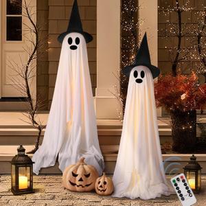 Halloween Decorations Outdoor Indoor Light-Up Spooky Ghosts with LED Light Strip and 2 Witch Hats Scary Standing Ghosts Decor for Indoor Home Front Porch Yard Party (2 Large Standing Ghosts)