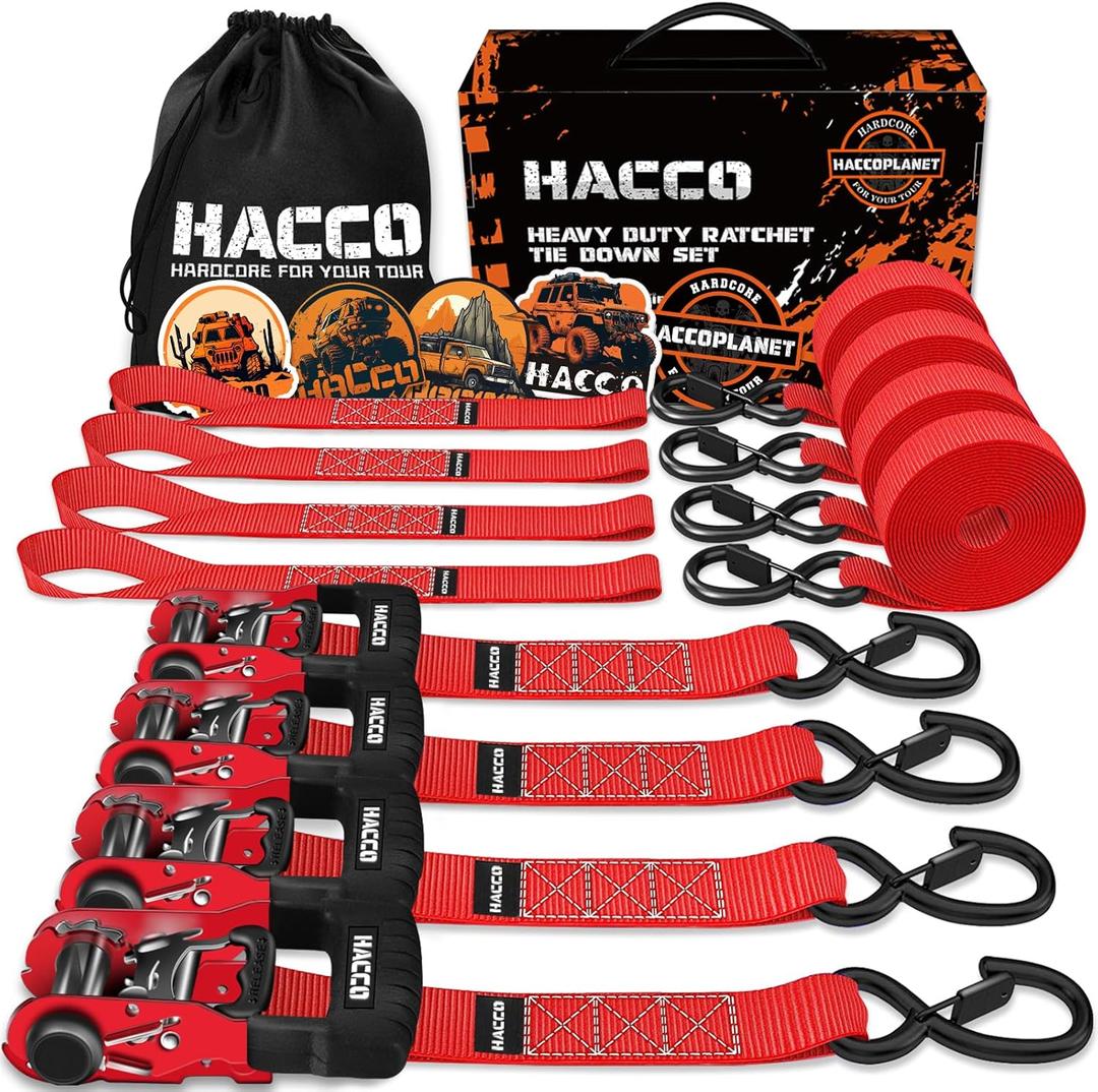 Ratchet Straps, 5280lb Break Strengeth, 1.6" Heavy Duty Ratchet Tie Down Strap Set w/Padded Handle, S Hook, Soft Loop for UTV Motorcycle Truck Cargo Straps (Red, 16FT)