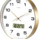 Wall Clock, 14" Large Dial Non-Ticking Silent Battery Operated Analog with LCD Display for Perpetual Calendar and F° Temperature, Ideal Modern Home, Bedroom, Office Decor (Gold)