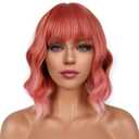 Short Bob Wigs with Bangs for Women Loose Wavy Wig Curly Wavy Shoulder Length Bob Synthetic Cosplay Wig for Girl Colorful Costume Wigs (Dark Pastel Pink)