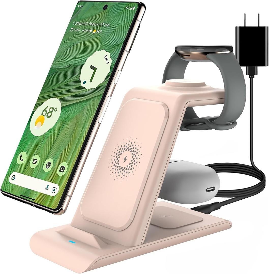 3 in 1 Wireless Charger Compatible for Google Pixel Watch Only,Wireless Charging Station for Pixel 9 Pro XL/9/8/7/6 Pro/7a,Pixel Buds Pro,Charger Stand Compatible with iPhone (Not for Pixel Watch 3/2) (Pink)