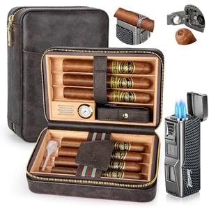 Tesonway Cigar Humidor, Travel Humidor Cigar Box and Cigar Lighter, Leather Cigar Case with Cedar Wood Tray, Hygrometer, Humidifier, Portable Cigar Humidor Cigar Accessories for Men, Holds 7 Cigars