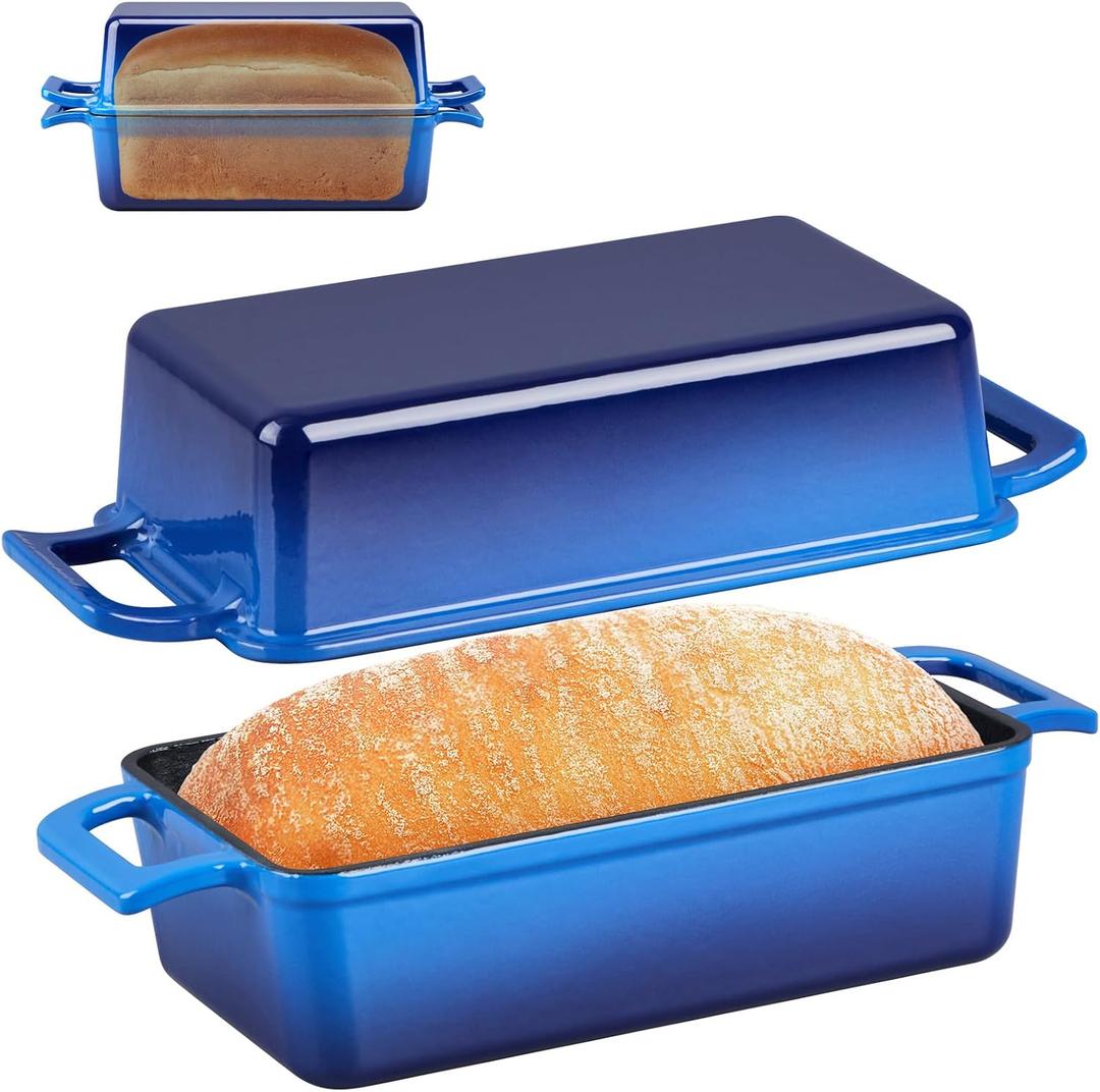 P&P CHEF 2-In-1 9 x 5 Inch Cast Iron Loaf Pan with Lid (Blue), Bread Loaf Pans for Baking Homemade Sourdough Bread, Meatloaf, Toast, Cake, Nonstick & Healthy & Sturdy, 2 Piece Set