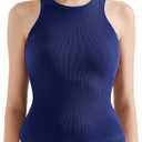 SUUKSESS Women Padded Cotton Ribbed Tank Tops 2025 High Neck Racerback Basic Tops (Medium, Navy)