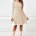 MEROKEETY Women's Long Sleeve V Neck Sweater Dress 2026 Fall Button Knit Pleated Mini Work Dresses (Beige, L)