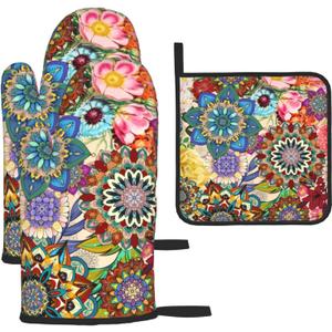 Boho Floral Oven Mitts and Pot Holders Sets, Heat Resistant Colorful Kitchen Gloves Hot Pads, Cute Baker Stuff, Chef Cooking Baking Gifts for Women Bakers, Kitchen Gifts for Cooking Lover Cooks Mom