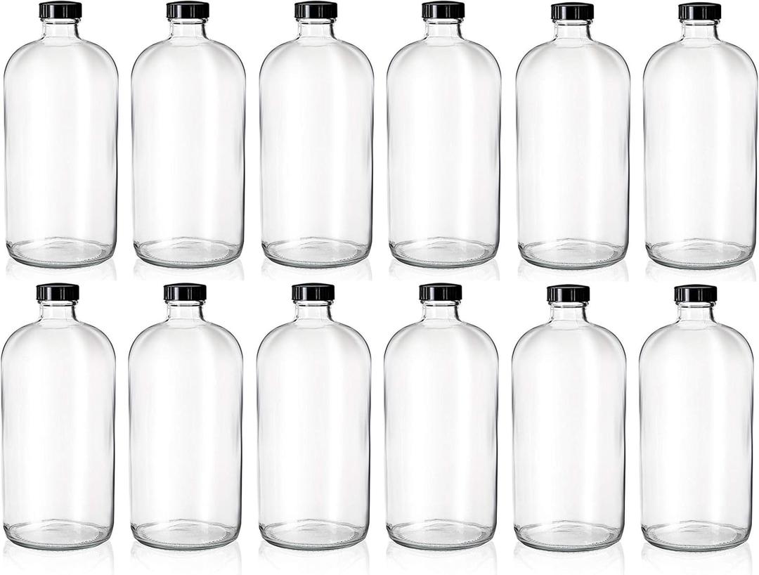 Kitchentoolz Set of 10 Clear 32oz Boston Round Glass Bottles with Black Caps – Airtight Poly-Cone Sealed Bottles for Kombucha, Kefir, Beer, Fermentation, and Storage