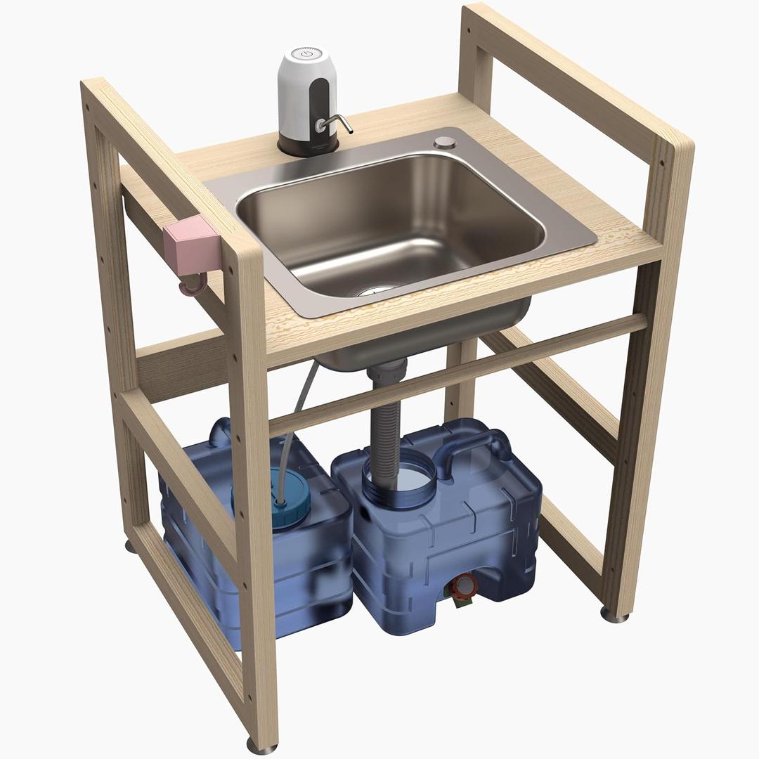 Bathroom Sink for Kids, Adjustable Height Small Sink with Solid Wood Stand, Stainless Steel Basin, Portable, No Plumbing Required. Montessori Selfcare Station (Pine, 18.5''D x 21.8''W x 28''H) (18.5''D x 21.8''W x 28''H)