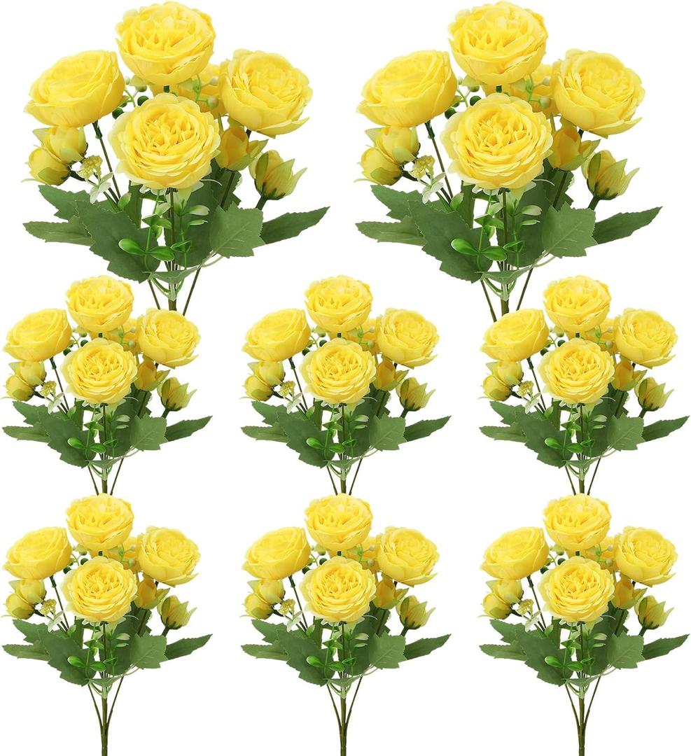Ovveroche 8 Pack Yellow Peonies Artificial Flowers, Fake Silk Hydrangea Bouquet for Bridal Wedding Home Table Decor Reusable Dining Opening Ceremony Birthday Arrangement Faux Floral
