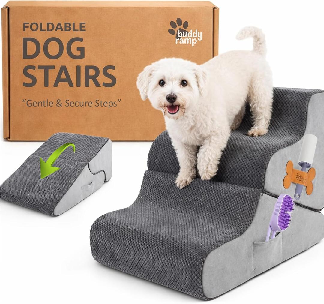 3-Step Dog Stairs for Bed and Couch, 2-in-1 Foldable Foam Pet Steps and Ramp, 15.7-Inch Height, Gray