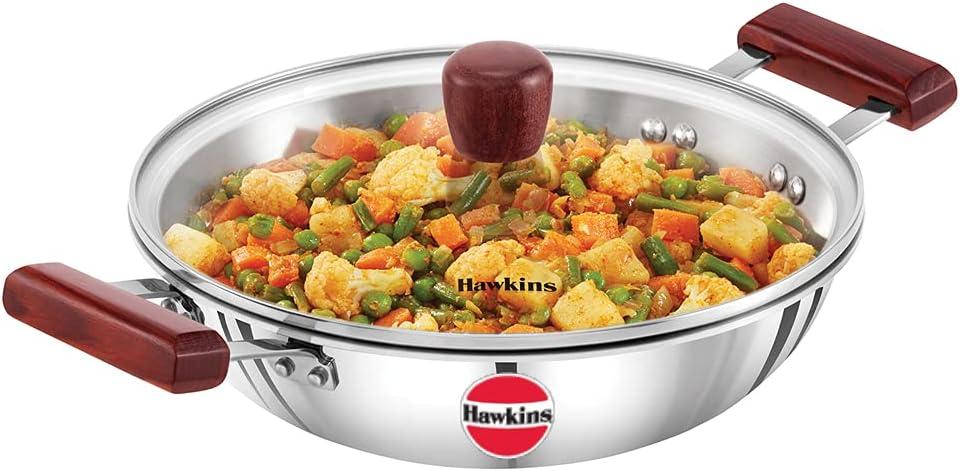 Hawkins 2.5 Litre Deep Fry Pan, Triply Stainless Steel Kadai with Glass Lid, Flat Bottom Induction Kadhai, Silver (SSD25G)