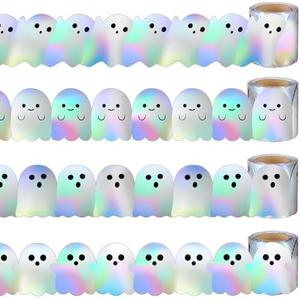 Gersoniel 4 Rolls 98.5 ft Halloween Ghost Bulletin Board Border Decoration Holographic Ghost Die Cut Trim Border Roll for Halloween School Classroom Chalkboard Office Decoration, 4 Designs