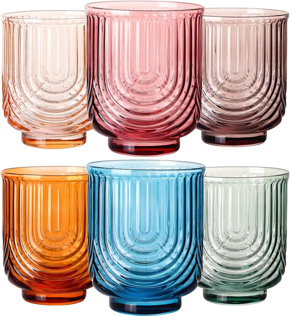 JOVGANK Colored Vintage Drinking Glasses Set of 6-14Oz Colorful Drinking Glasses, Art Deco Ripple Highball Glass, Whiskey Cocktail Glasses, for Bar Coffee Juice, Valentine's Day and New Year Gifts (Multicolor)