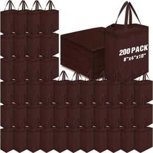 Windyun 50 Pcs Reusable Tote Bag Bulk 8 x 4 x 10 Inch Non Woven Shopping Bag with Handle Christmas Reusable Grocery Gift Tote(Brown,200 Pcs)