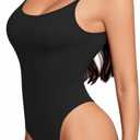 MANGOPOP Women's Cami Thong Bodysuit Double Lined Square Neck Backless Body Suit Adjustable Spaghetti Strap Tank Tops (Black, L)