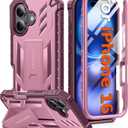 FNTCASE for iPhone 16 Phone Case: Military Grade [Built-in Screen Protector] [Kickstand] Matte Textured Drop Proof Protection Cover | Rugged Shockproof TPU Protective Sturdy Cases - Pink