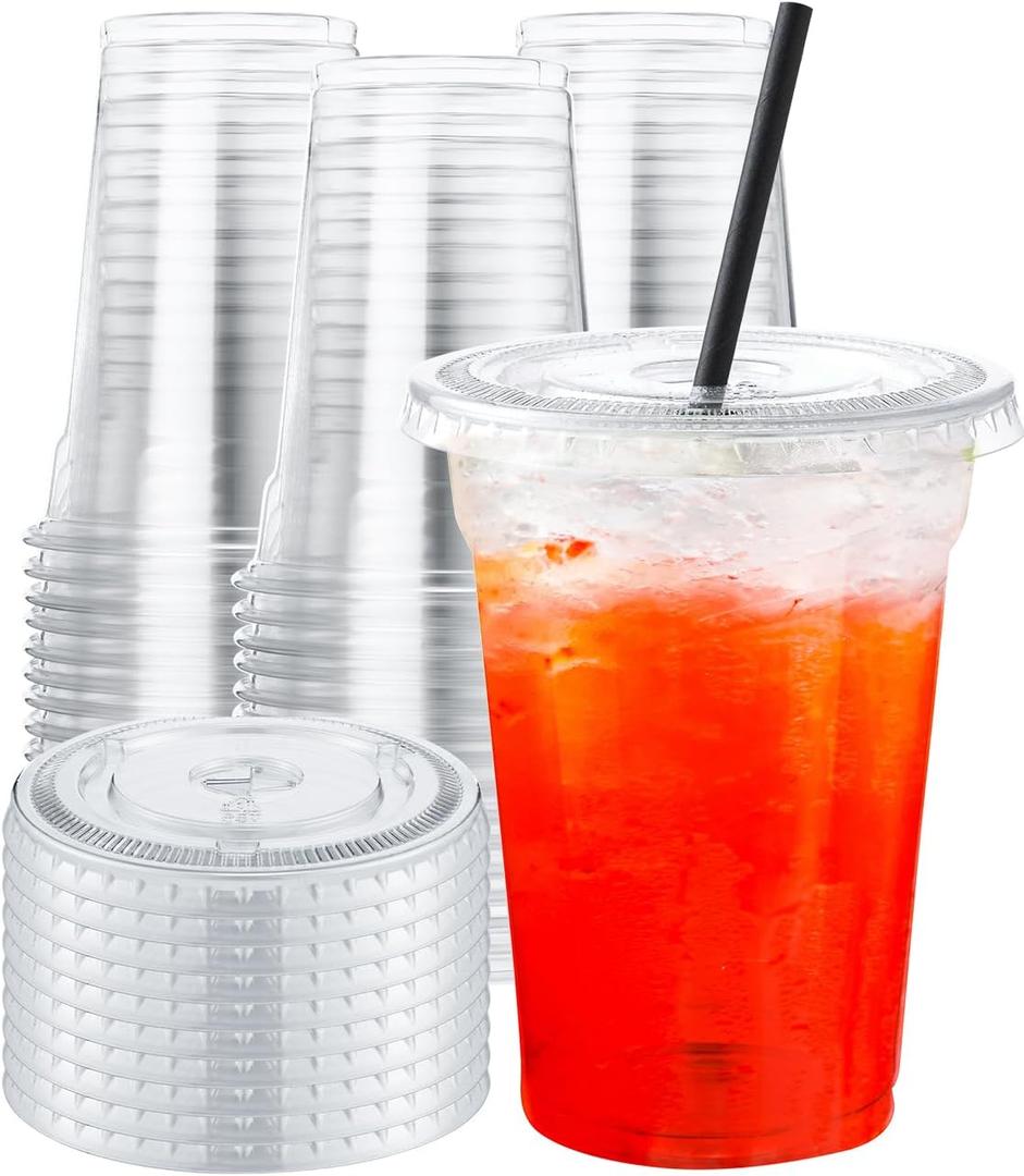 NEEBAKE 150 Sets 9 oz Disposable Plastic Cups With Lids - Clear Drinking Cups, Plastic Cups for Ice Coffee, Smoothie, Cold Drinks