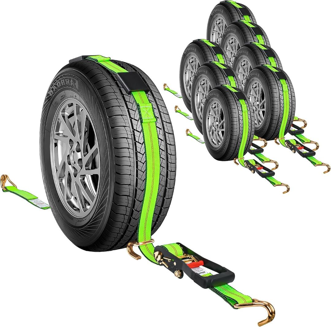 2" x 10' Tire Tie Down Straps Over The Wheel Ratchet,8PCS,Heavy Duty Vehicle Tie Down Kit,Auto Hauler Straps for Trailer w/ 3 Wire J Hooks and Rubber Blocks,Wheel Strap for Hauling Cars